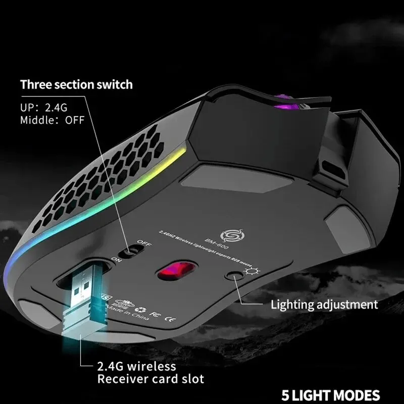 BM600 Rechargeable Gaming Mouse USB 2.4G Wireless RGB Light Honeycomb Gaming Mouse Desktop PC Computers Notebook Laptop Mice - Image 3